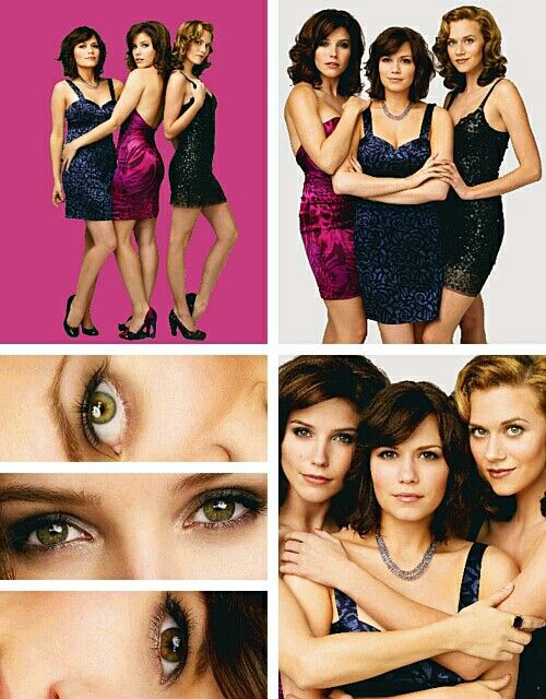 Collage of four women from One Tree Hill TV show in sparkly dresses with close-up eye detail strip
