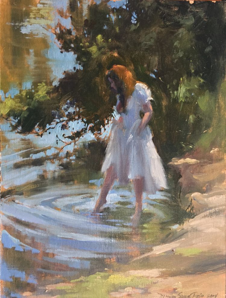 Oil painting of a girl in a white dress wading in a calm lake with trees in the background