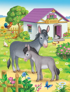 Two cartoon donkeys standing in a sunny farm yard with flowers, trees, and a purple-roofed house