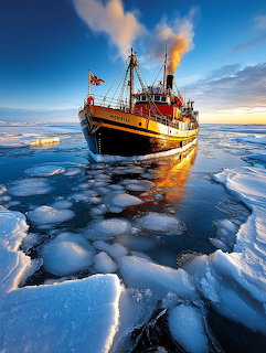 Orange ship sailing through floating ice chunks at sunset with blue sky