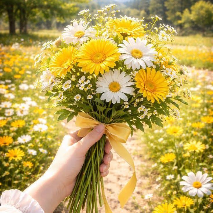 Hand holding a mixed bouquet of white and yellow daisies tied with a golden ribbon in a sunny field