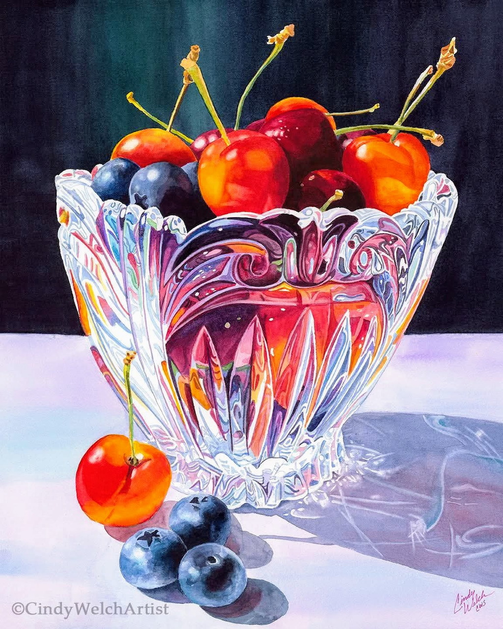 Watercolor of red cherries and fruit in decorative crystal bowl with reflections