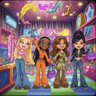 Four Bratz cartoon dolls in trendy outfits inside a bright toy store with purple and pink decor