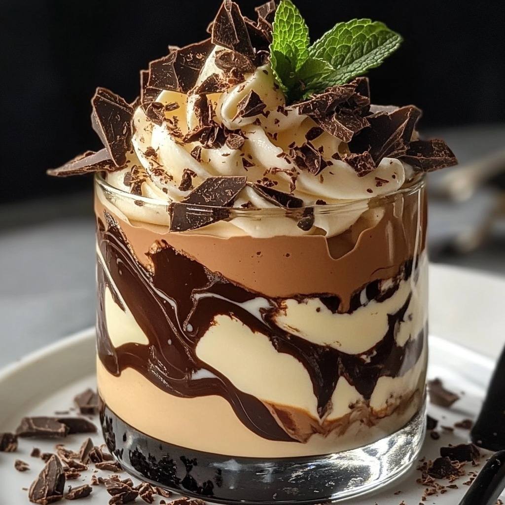 Layered chocolate dessert with whipped cream, chocolate shavings, and fresh mint in a clear glass