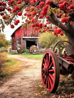 Red barn with wagon wheel beside dirt path framed by apple tree with ripe red apples