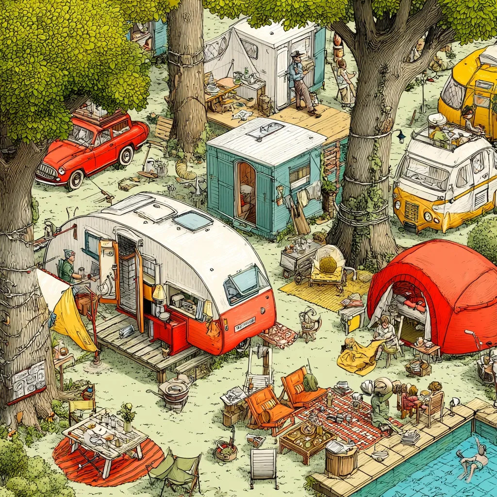 Illustrated campsite with vintage caravans, tents, outdoor furniture, and trees