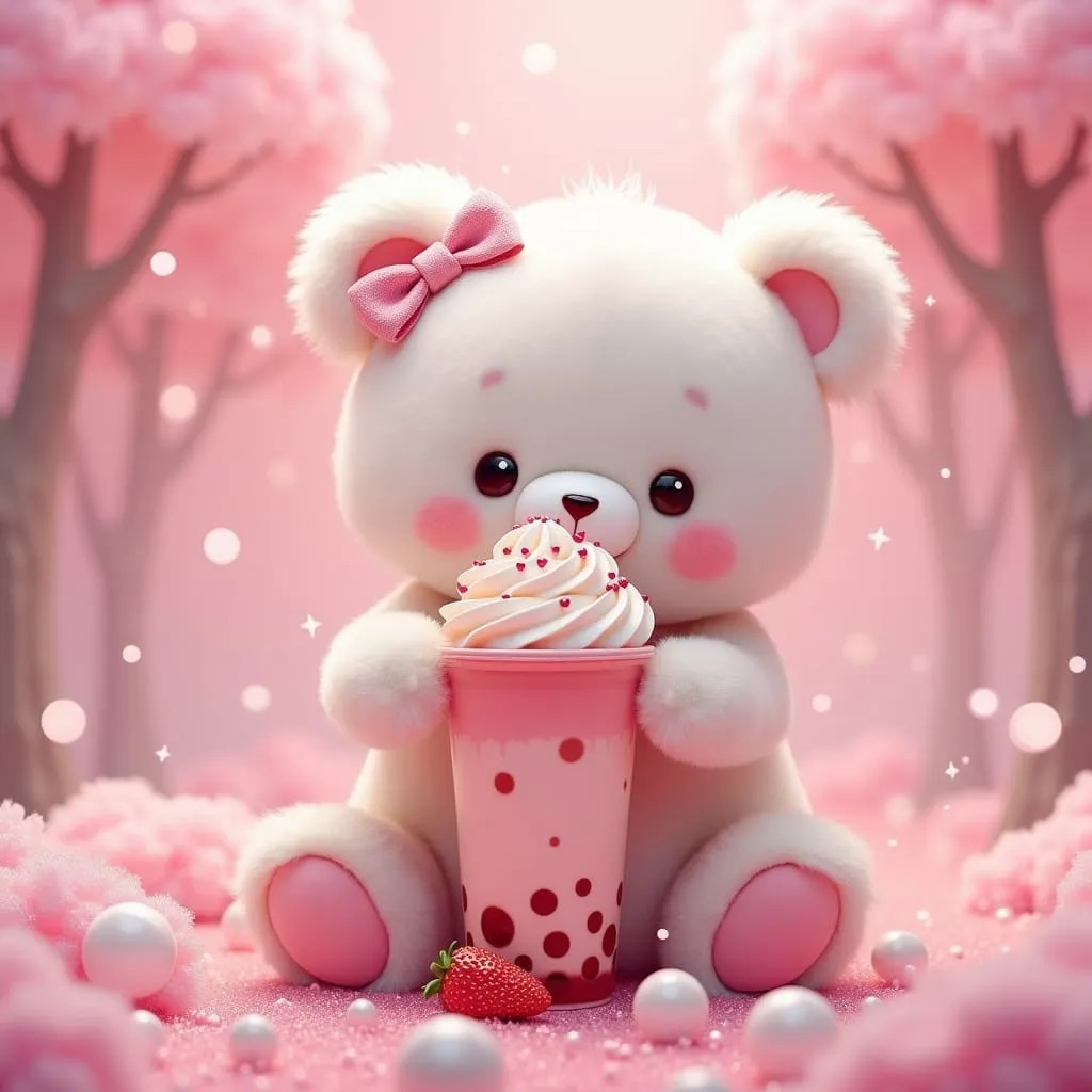 White teddy bear with pink bow holding bubble tea in pink fantasy forest setting