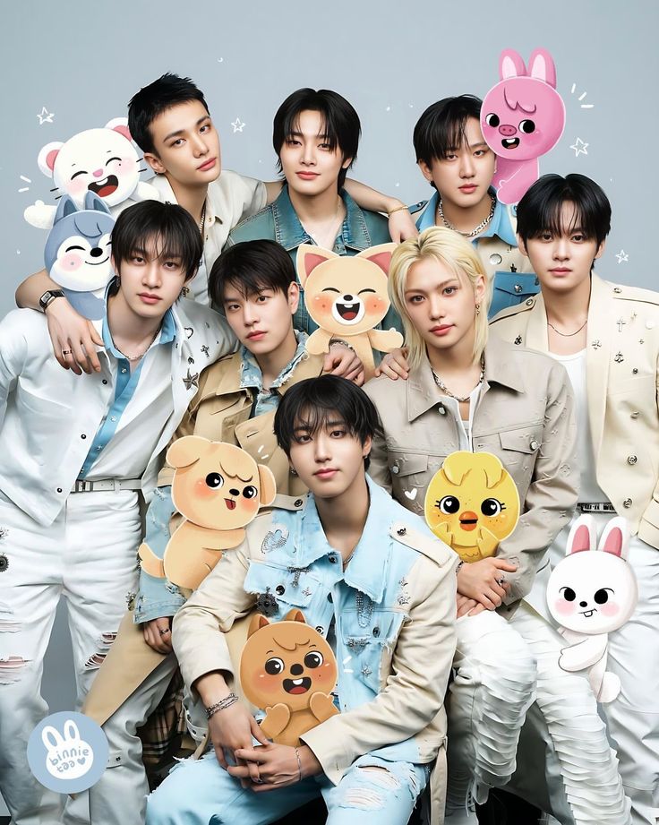 Eight men in light clothing posing with plush toys on blue background