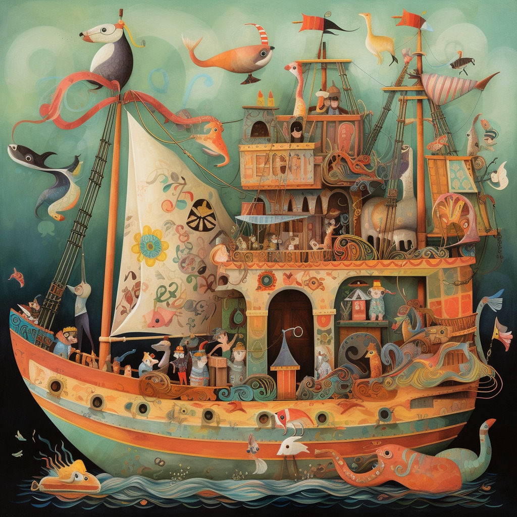 Fantasy illustration of a magical multi-story ship with castle towers, animals, colorful flags, and sea creatures