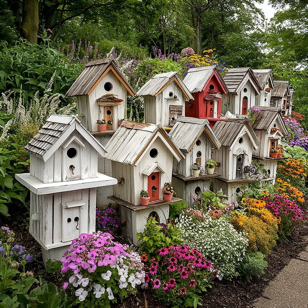Multiple white birdhouses with varied roof colors displayed among colorful flowering garden beds