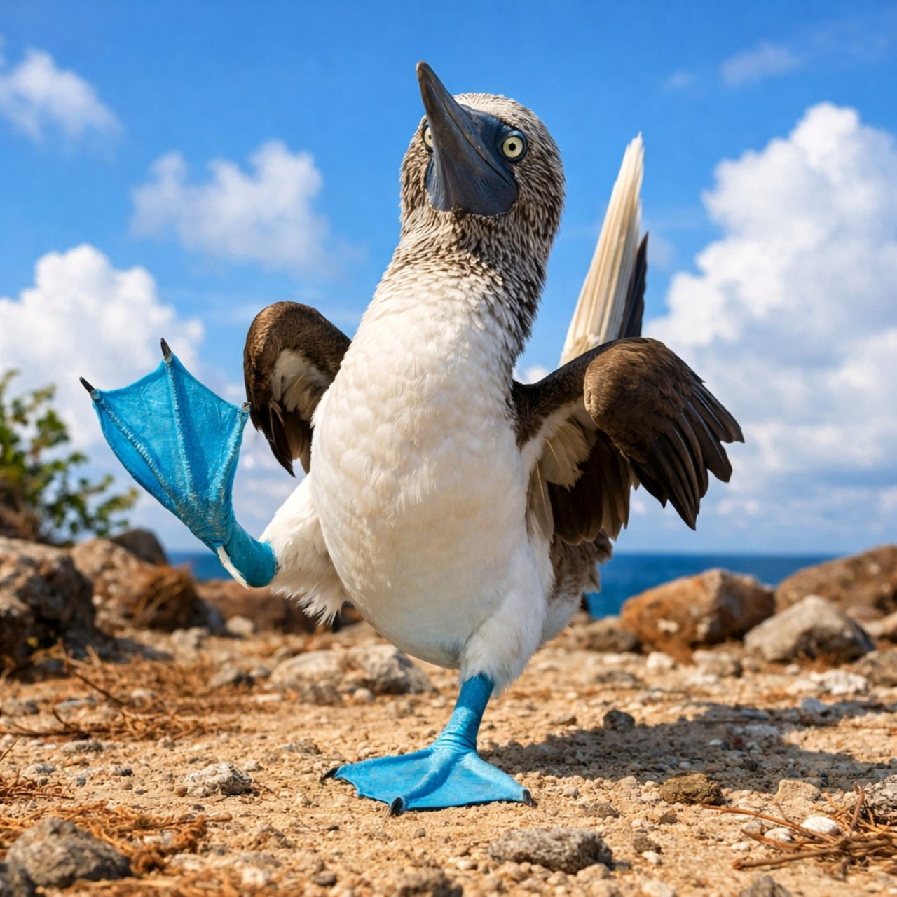 Blue-footed booby bird with bright blue feet and spread wings standing on rocky terrain under blue sky