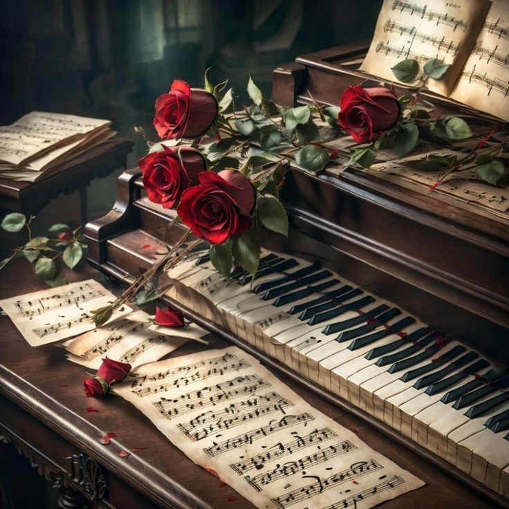 Red roses lying on an old piano keyboard with vintage sheet music