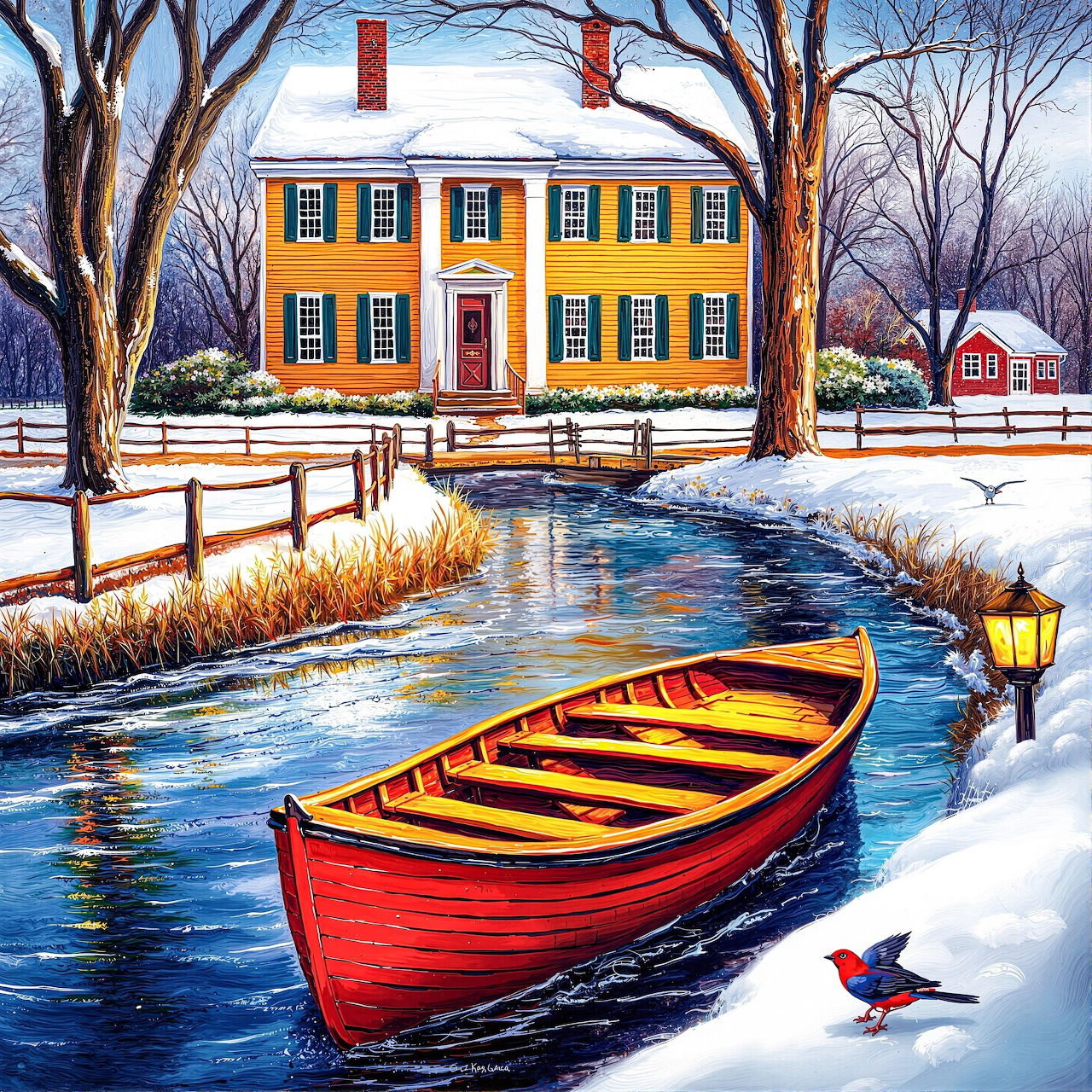 Yellow colonial house in winter with red rowboat on snowy creek, bare trees and red barn visible