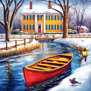 Winter Colonial House with Rowboat
