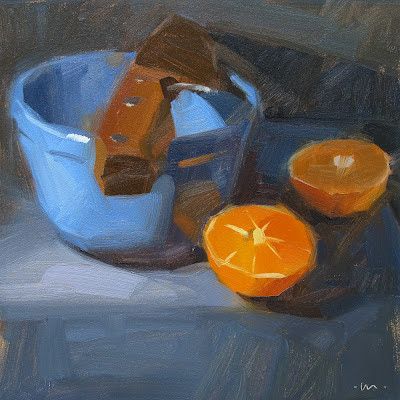Oil painting of orange slices next to blue bowl on dark background