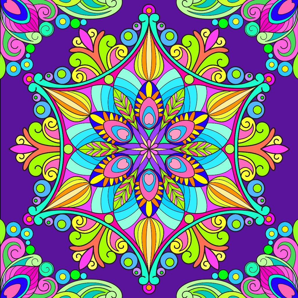 Colorful symmetrical mandala with intricate floral patterns and bright neon colors on purple background