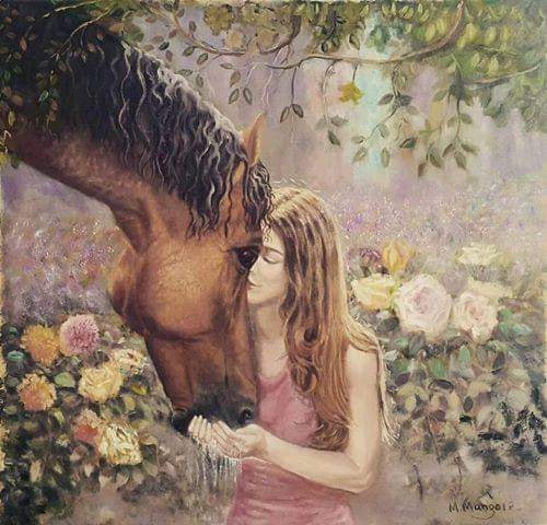 Painting of a woman beside a brown horse in a flower-filled garden
