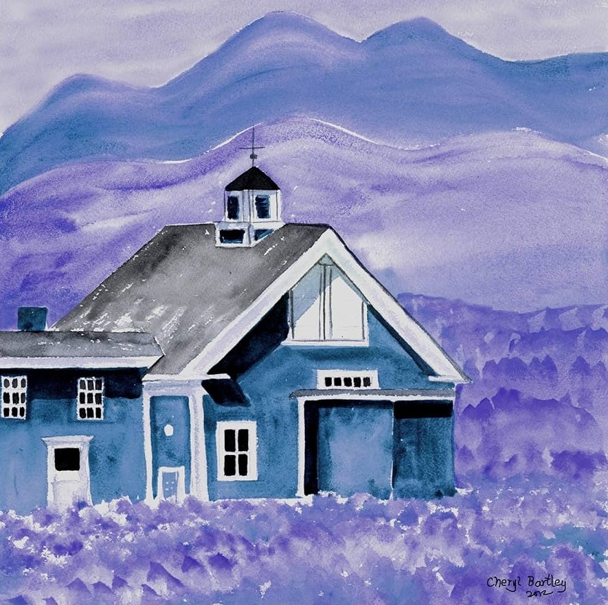 Folk art painting of blue barn with bell tower in purple mountain landscape