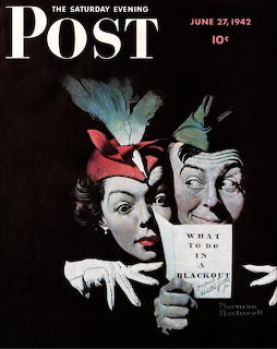 Illustration of surprised soldier and woman in dim light holding blackout instructions pamphlet