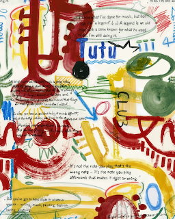 Abstract mixed-media painting with trumpets, musical motifs, and colorful brush strokes in red, blue, yellow, and green