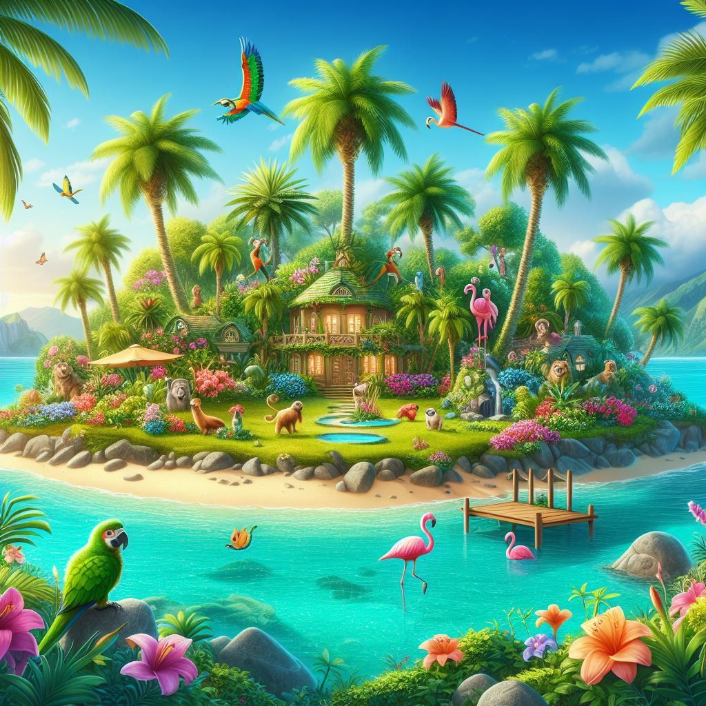Colorful tropical island scene with palm trees, exotic birds, beach hut, and crystal clear water