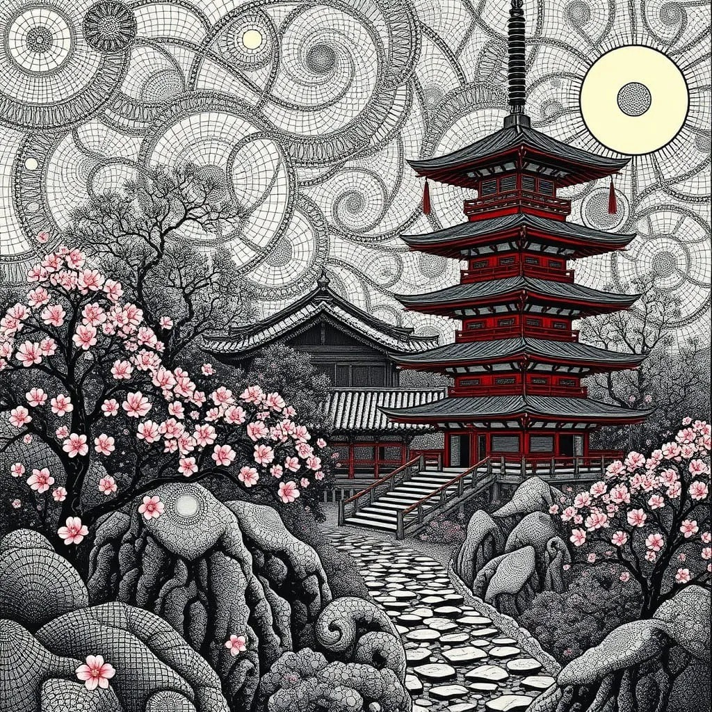 Illustration of a Japanese pagoda with pink cherry blossoms, rocks, and a patterned sky