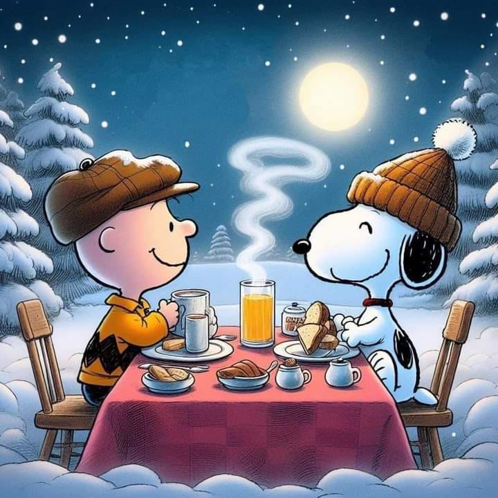 Snoopy and Charlie Brown having dinner at a table in a snowy winter scene with full moon