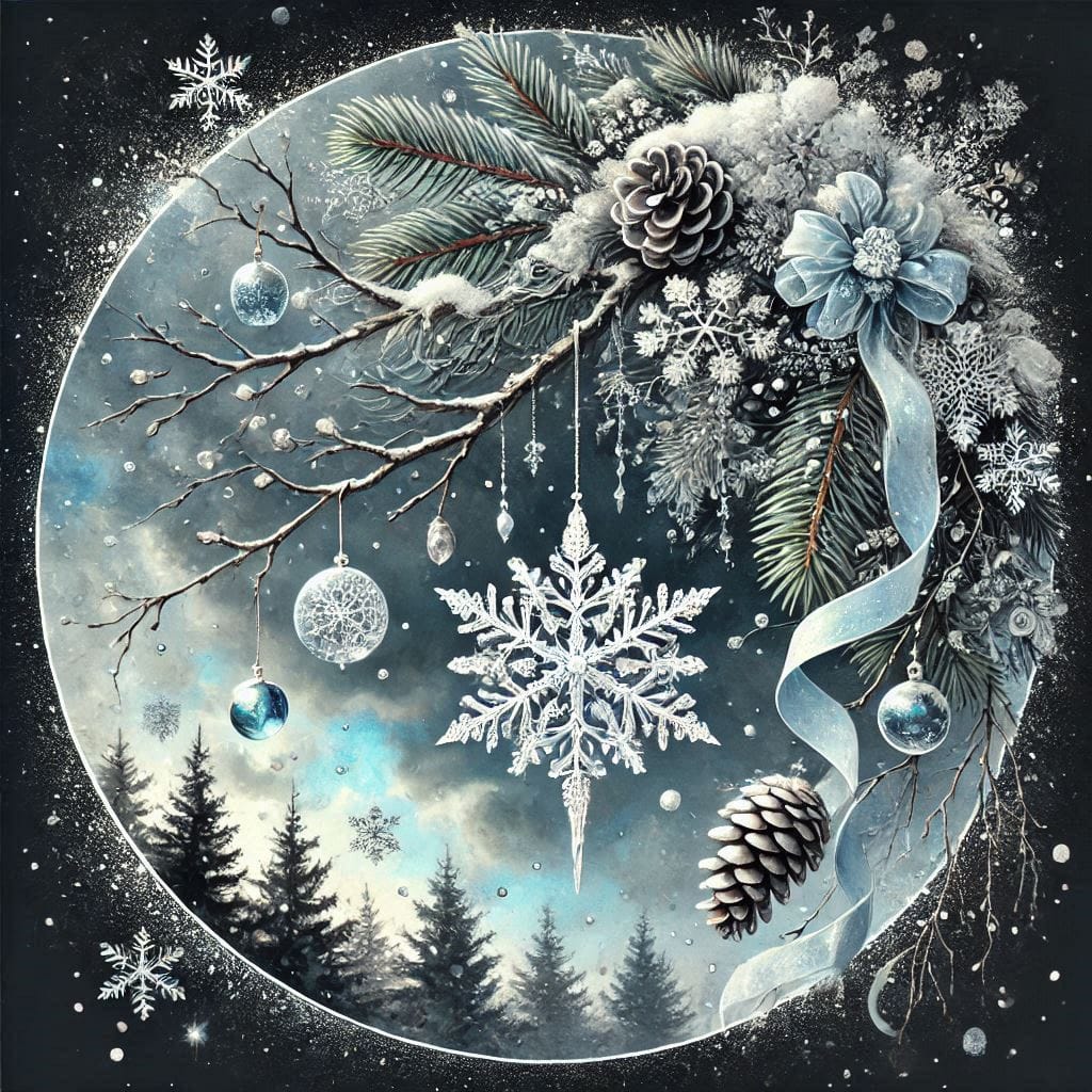 Circular Christmas wreath with snowflakes, pine cones, blue ornaments, and winter forest scene