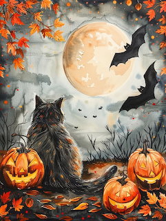 Cat watching carved pumpkins under full moon with bats and autumn leaves in Halloween scene
