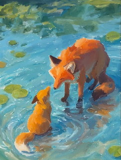 Painting of an adult fox and a fox kit standing in blue water with lily pads