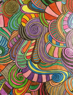 Colorful abstract illustration of swirling lines, spirals, and curved patterned shapes