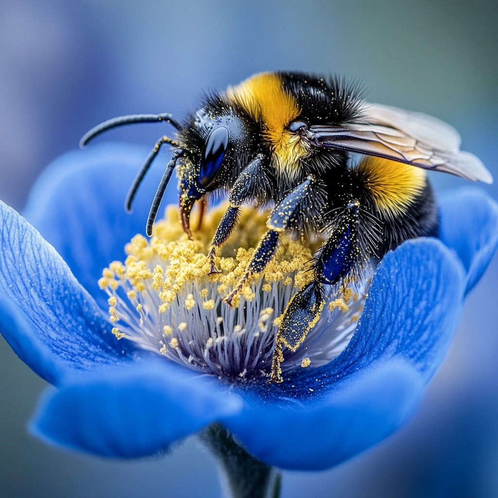 Bumblebee with yellow and black stripes on a blue flower collecting pollen