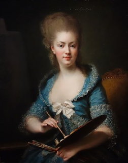 18th century painted self-portrait of a woman in blue dress holding paintbrushes and palette