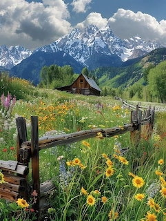 Rustic cabin surrounded by yellow wildflowers in alpine meadow with snowy mountains behind