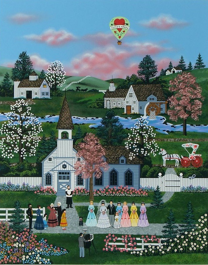 Folk art painting of outdoor church wedding with guests, spring flowers, village buildings and hot air balloon
