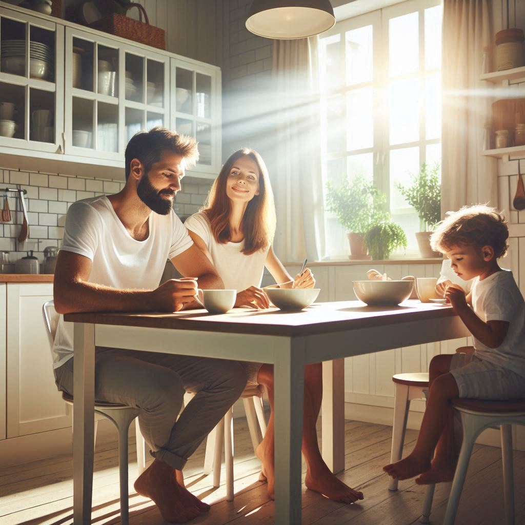 Family of three sharing breakfast at kitchen table in bright sunlit room