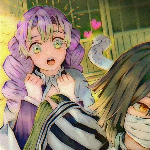 Anime characters Mitsuri Kanroji and Obanai Iguro in a close indoor scene with pink hearts