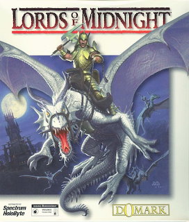 Lords of Midnight 1984 video game box cover showing a warrior mounted on a white dragon