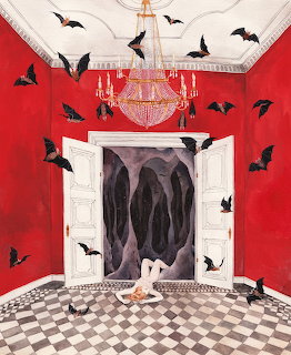Halloween decorated room with red walls, flying bat cutouts, chandelier, draped fireplace, and checkered floor