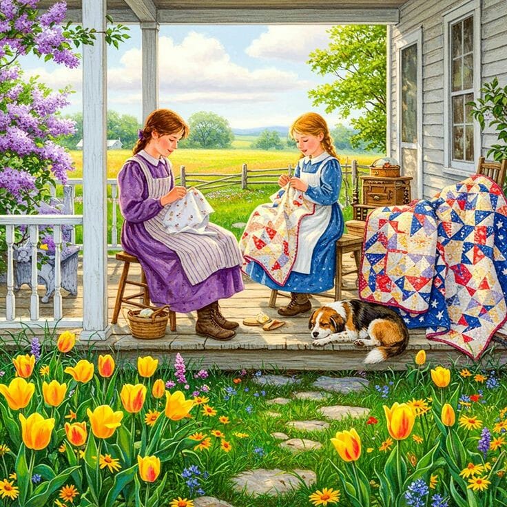 Two women sewing quilts on cottage porch with dog and spring flowers in garden