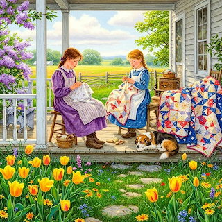 Cottage Porch Quilting Scene