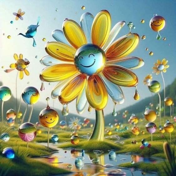 Translucent glass daisy with yellow petals and blue center in surreal field with colorful glass spheres and butterflies