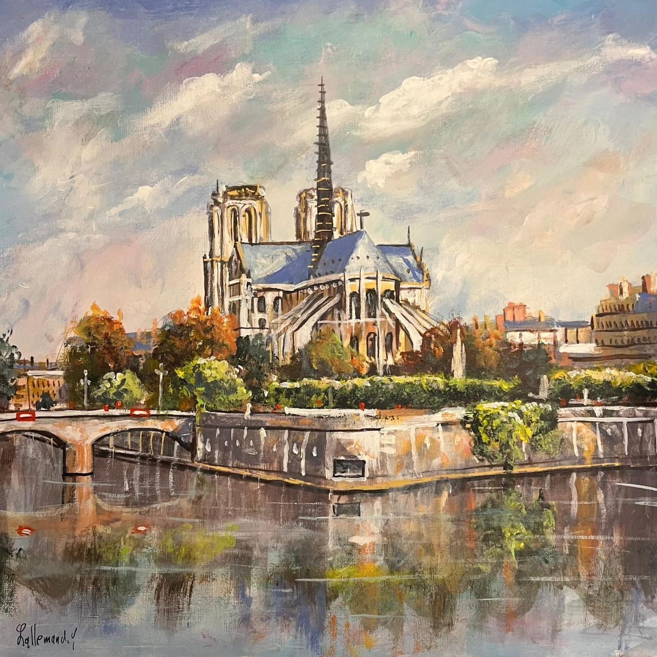 Impressionist painting of Notre Dame Cathedral viewed from across the Seine River with bridge and autumn foliage