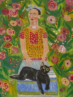 Colorful painting of woman in yellow top with black cat surrounded by flowers and greenery
