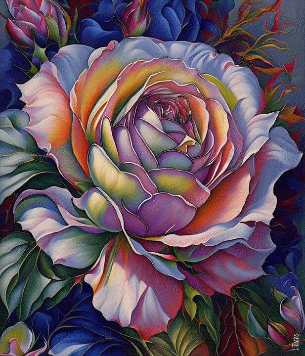 Vibrant painting of a large multicolored rose with pink, purple and yellow petals and green leaves