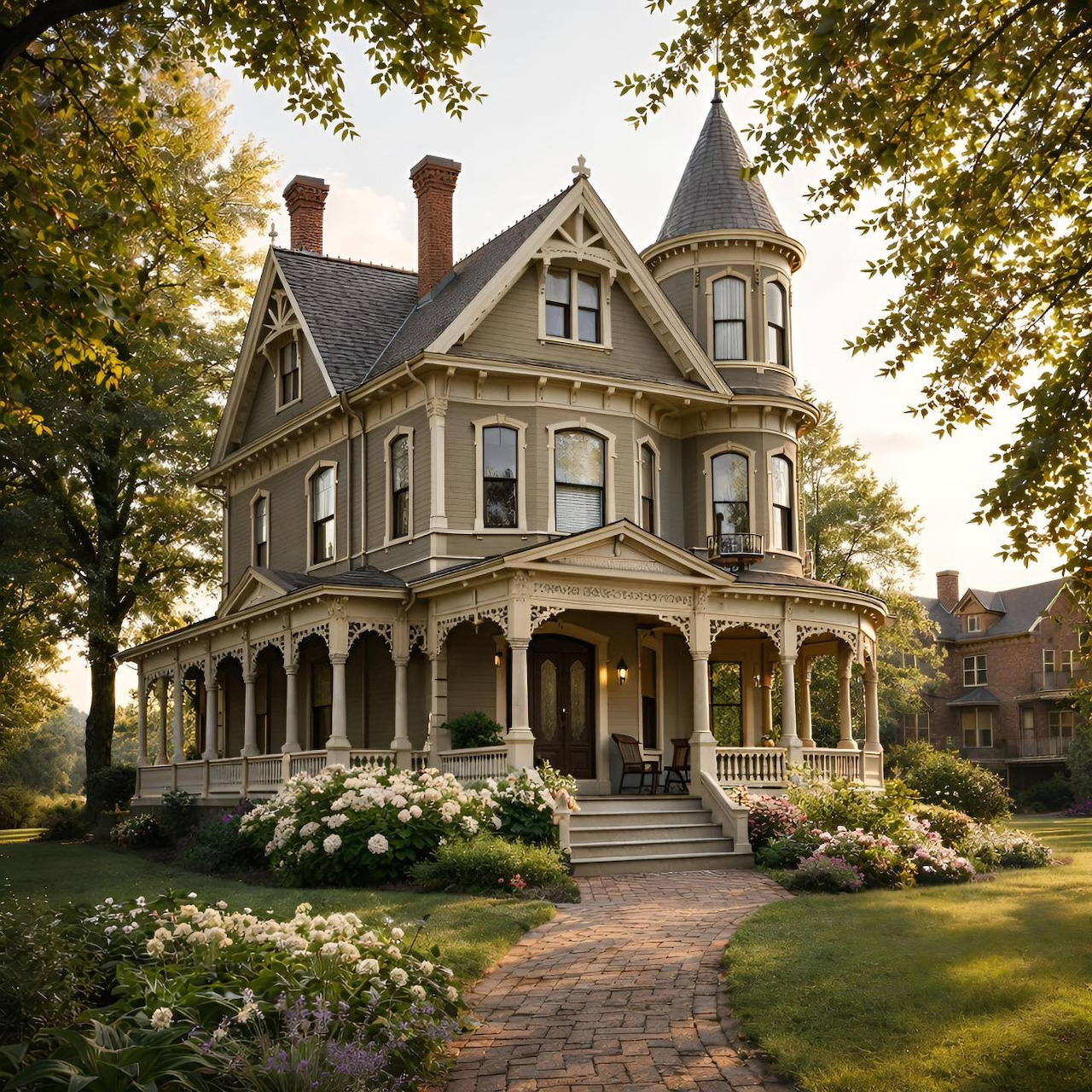 Victorian mansion with turret and wraparound porch surrounded by gardens