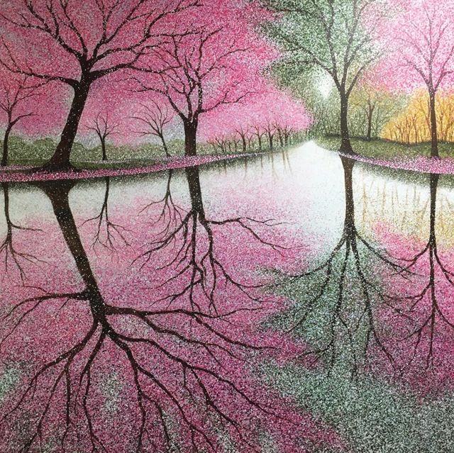 Painting of pink cherry blossom trees reflected in calm water along a tree-lined canal
