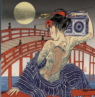Illustration of a tattooed woman with a boombox standing on a red bridge under a full moon