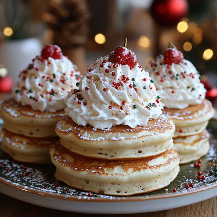 Three stacks of pancakes with whipped cream, raspberries, powdered sugar, and Christmas sprinkles