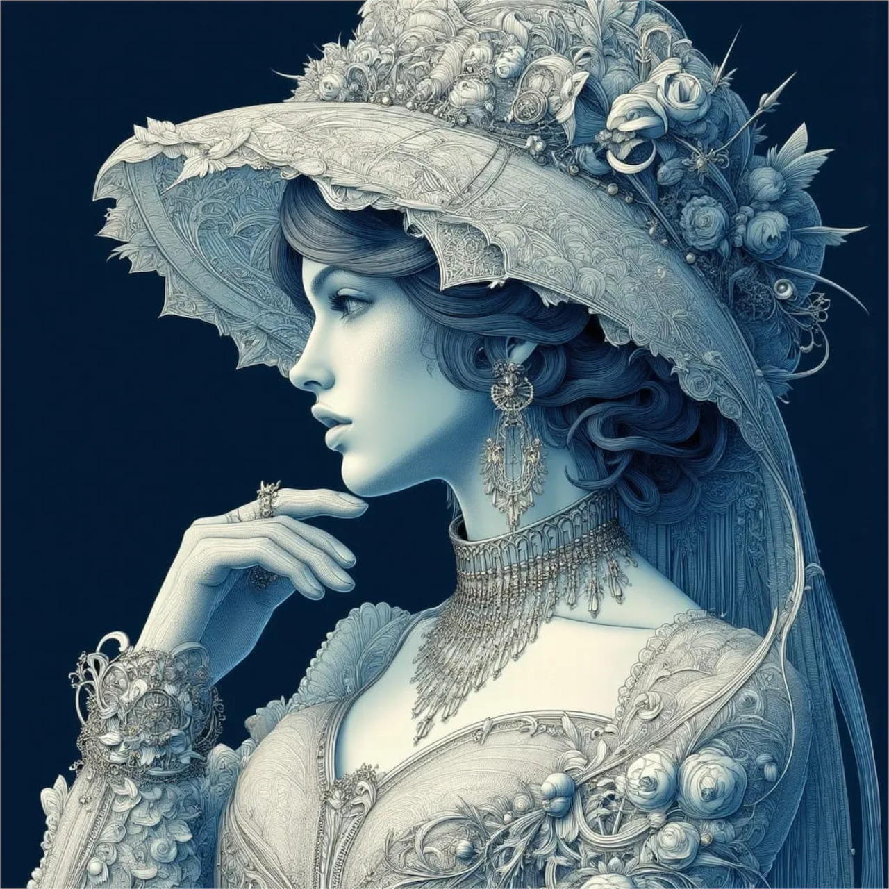 Victorian woman in profile wearing elaborate lace bonnet with roses and ornate gown in blue monochrome